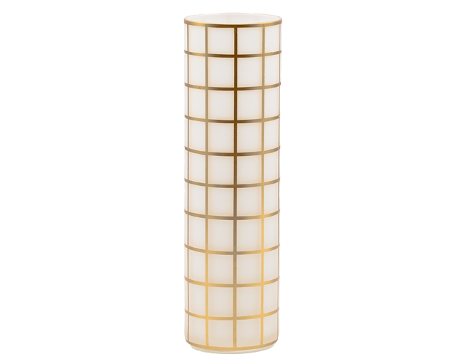 Jugenstil vase nach Josef hoffmann, Zylinderförmig. Diese Replik besticht durch ihr dünnes weißes Opalglas in Kombination mit Kristallglas und goldenen Dekor. Quadrate. Ansicht ganze vase