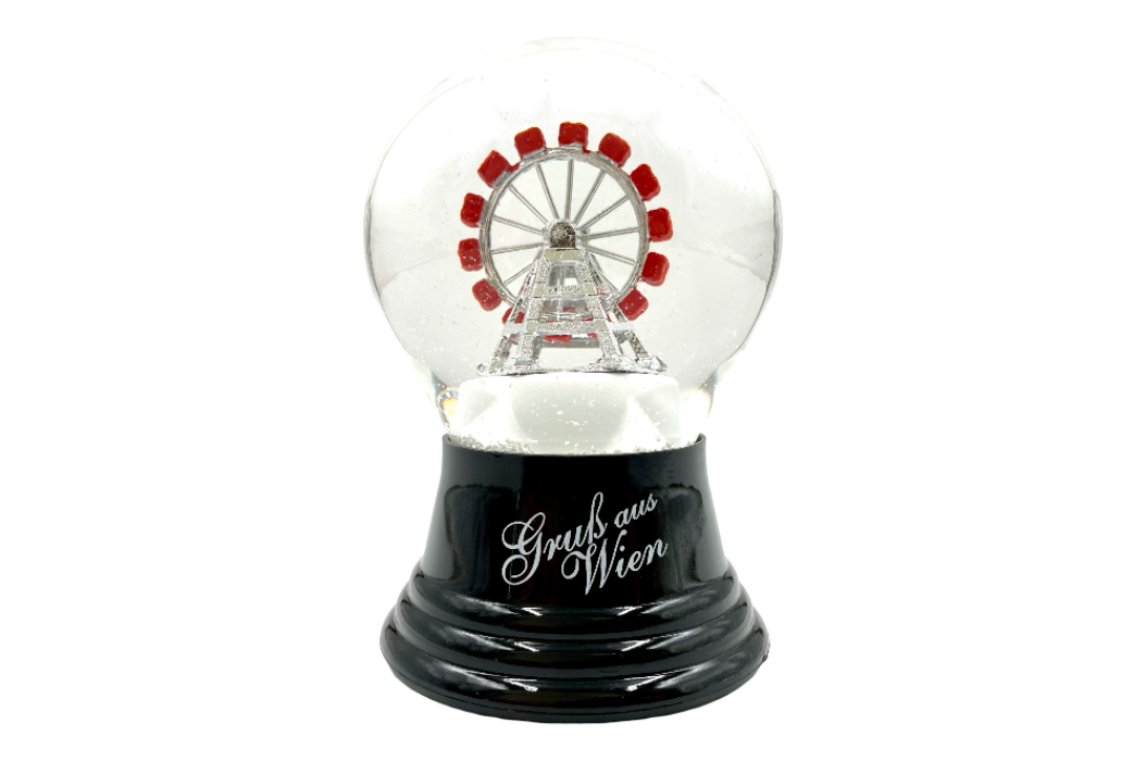 schneekugle mit riesenrad in silber und schriftzug, gruss aus wien