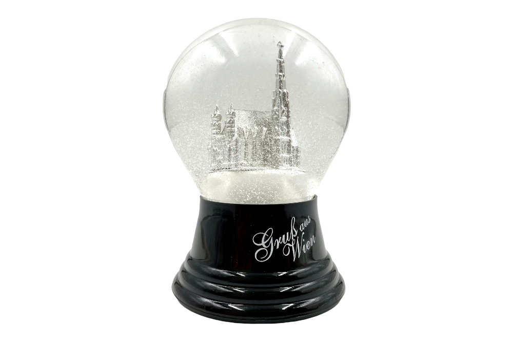 schneekugel mit stephansdom in sleber und schriftzug - gruss aus wien