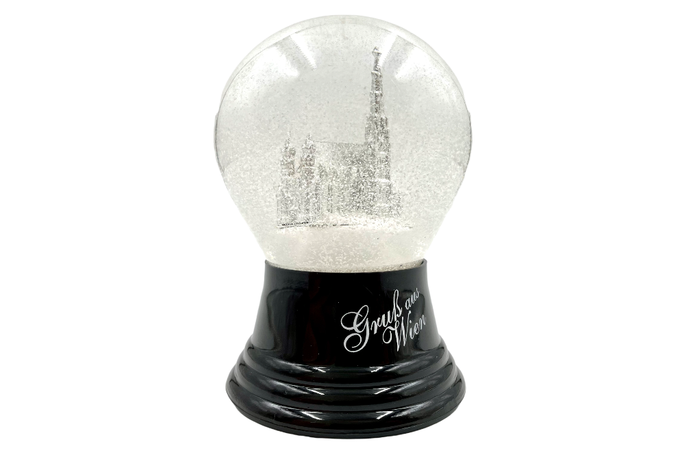 schneekugel mit stephansdom in sleber und schriftzug - gruss aus wien