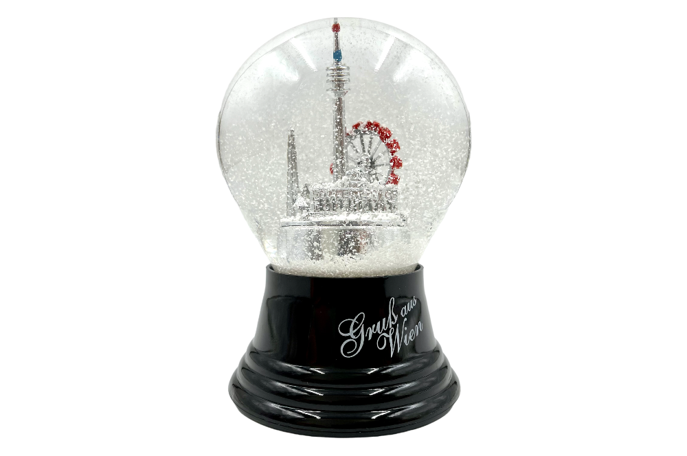 schneekugel mit wiener sehenwürdigkeiten in silber, mit schriftzug Gruss aus wien