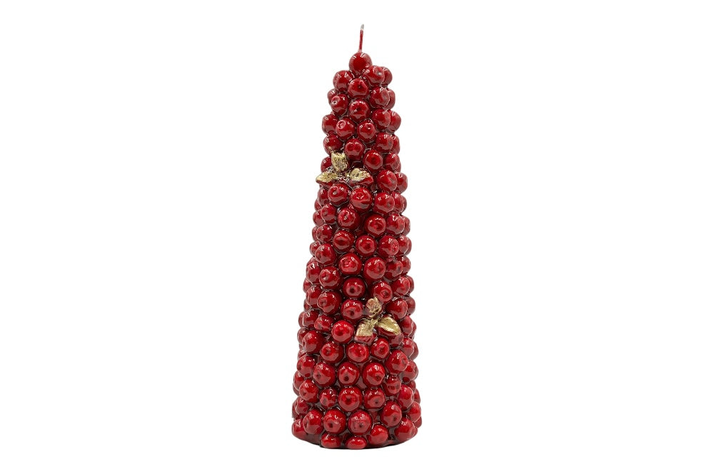Kegelkerze ist mit roten Äpfeln und goldenen Blättern verziert ,Höhe 24 cm.