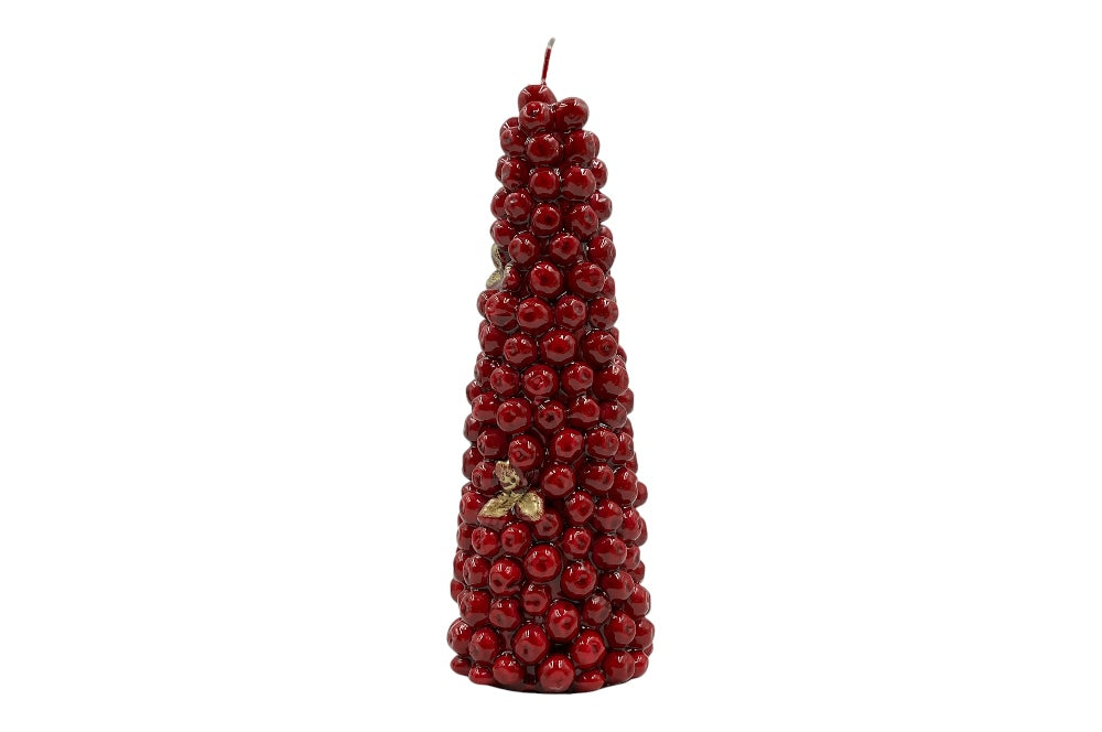 Kegelkerze ist mit roten Äpfeln und goldenen Blättern verziert ,Höhe 24 cm.