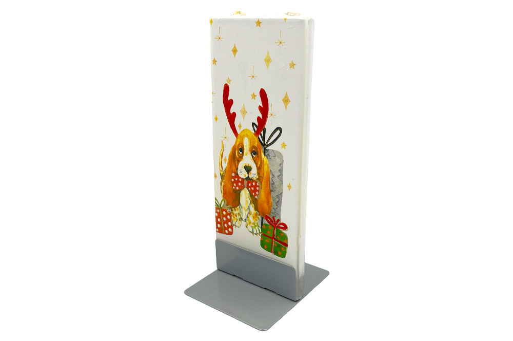 flachkerze mit zwei dochten  in weiss mit weihnachtshund