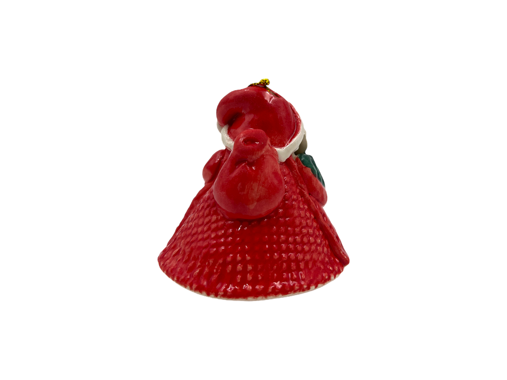 Weihnachtglöckchen in from eines Weihnachtsmannes mit einem Tannenbaum in der Hand, aus Keramik, Ansicht von hinten