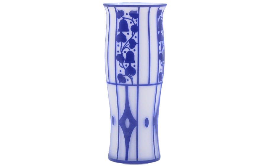 Jugenstilvase im design von Josef Hoffmann, Glockenblume, in weiss mit blauen Designelementen, Ansicht von der seite